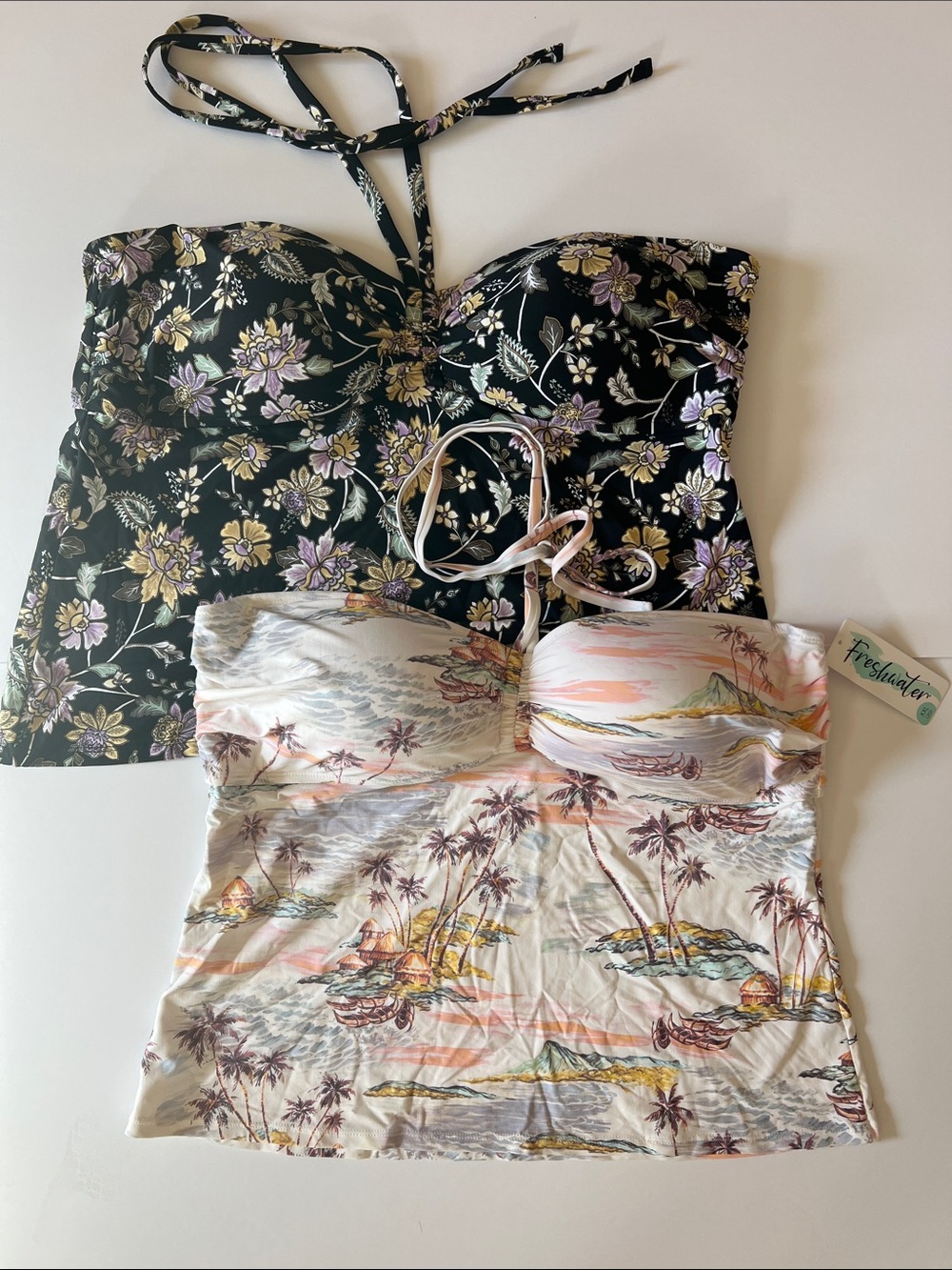 2pc Black Floral & Pastel Hawaiian Print Strapless Swim Halter Top with neck tie
